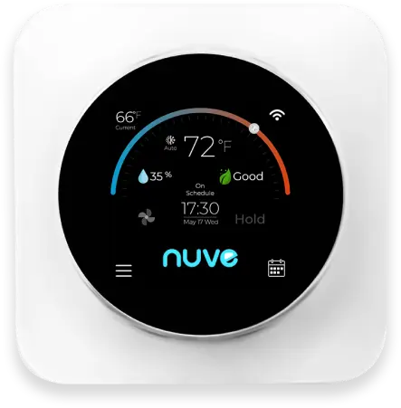 Nuve smart WiFi thermostat with touchscreen showing temperature controls and scheduling