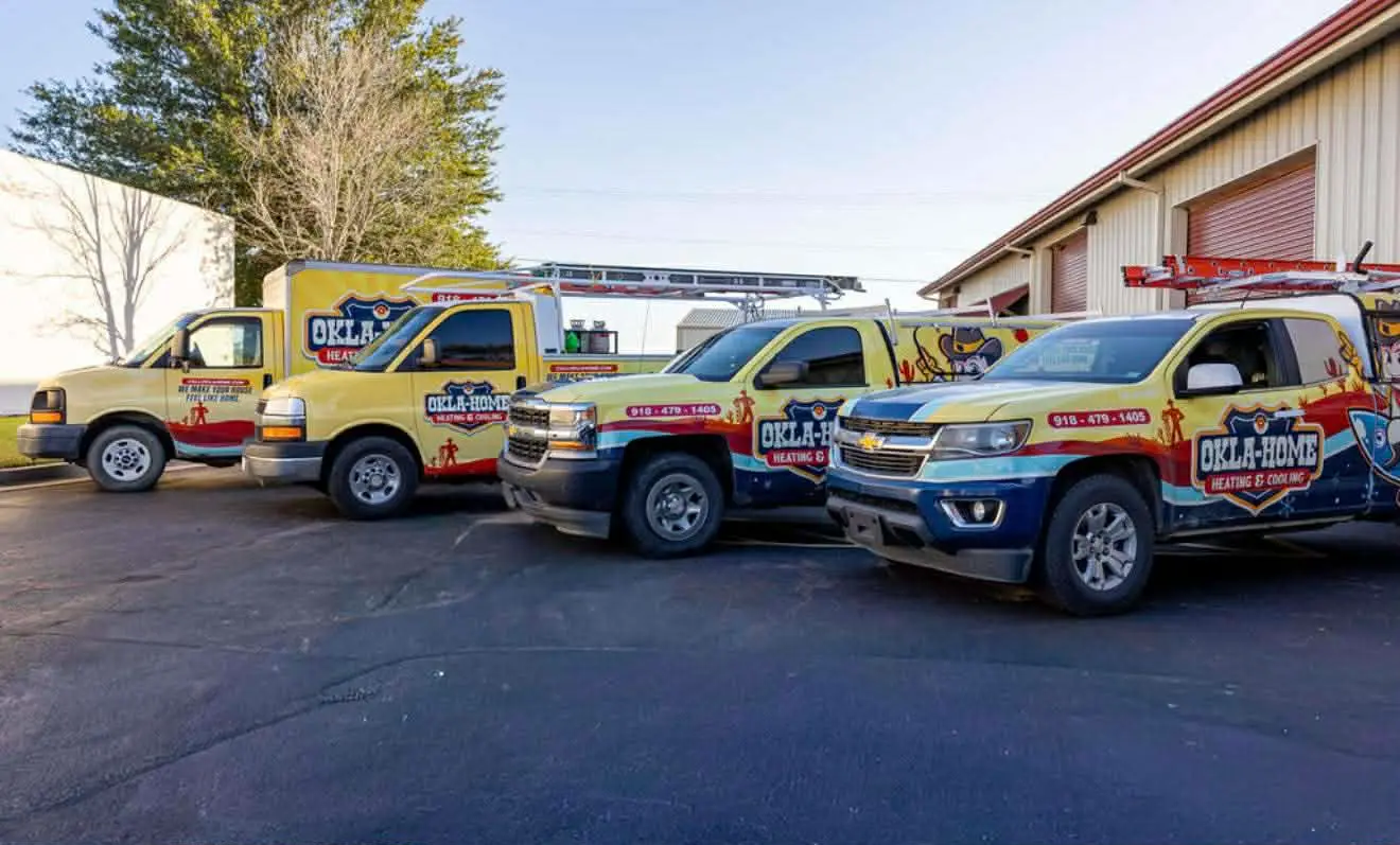 Okla-Home fleet of fully-stocked HVAC service vehicles ready for emergency response